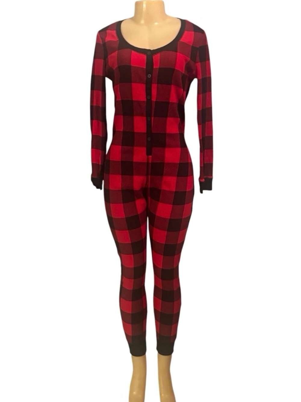Women's Sz M Red/Black Plaid One Piece Pajama Jumpsuit Long Sleeve